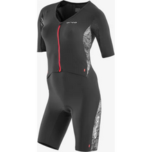 A black short-sleeve triathlon suit with a red front zipper, white and gray patterned side panels, and white vertical branding on the leg, shown against a plain white background.