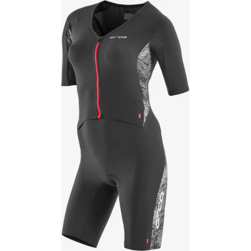 A black short-sleeve triathlon suit with a red front zipper, white and gray patterned side panels, and white vertical branding on the leg, shown against a plain white background.