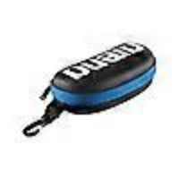 A small hard-shell case with a black and blue design, featuring the word 'arena' printed in white across the top and a black carabiner clip attached to the side, set against a plain white background.