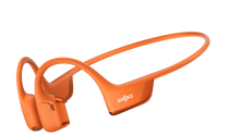 Orange bone conduction wireless earplugs with a matching neckband, featuring the SHOKZ brand logo, shown on a solid white background.