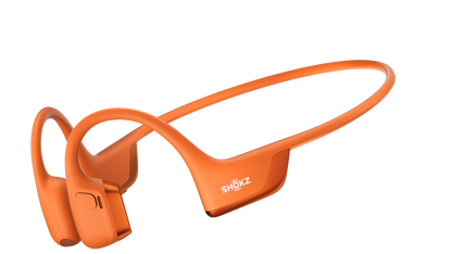 Orange bone conduction wireless earplugs with a matching neckband, featuring the SHOKZ brand logo, shown on a solid white background.