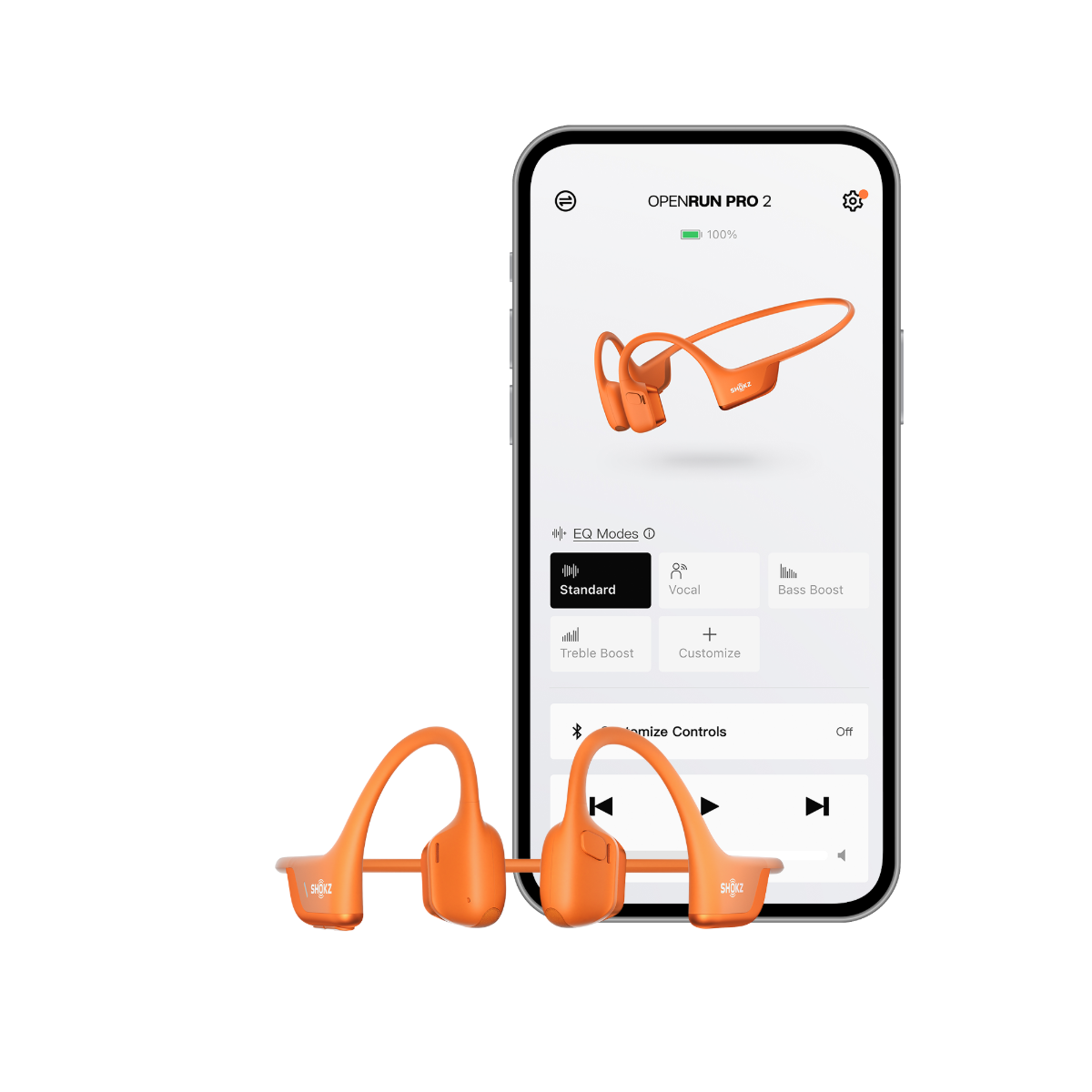 Orange bone-conduction sport earbuds shown in front of a smartphone screen displaying the OpenRun Pro 2 app interface on a clean white background.