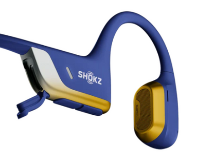 Blue and yellow Shokz bone conduction headphones on a white background