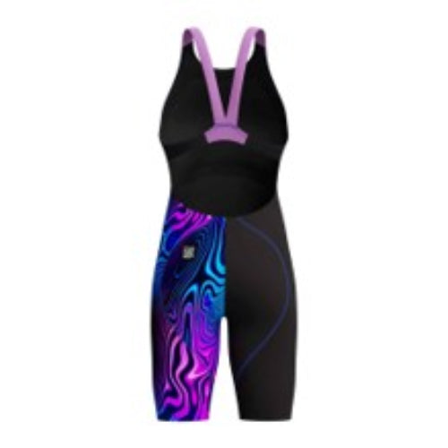 A women's one-piece athletic swimsuit or triathlon suit with a black body, purple V-neck trim, and a vibrant purple, blue, and black abstract pattern on the lower legs.