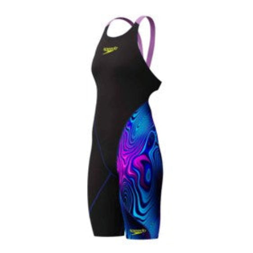 Black and colorful swimsuit with Speedo branding on a white background