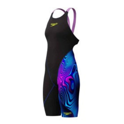 Black and colorful swimsuit with Speedo branding on a white background