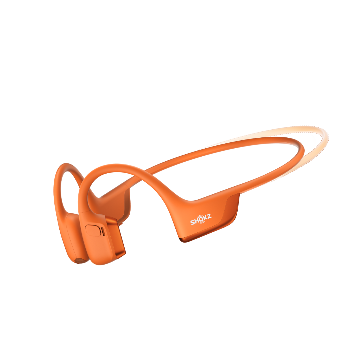 Orange Shokz bone conduction headphones on a white background