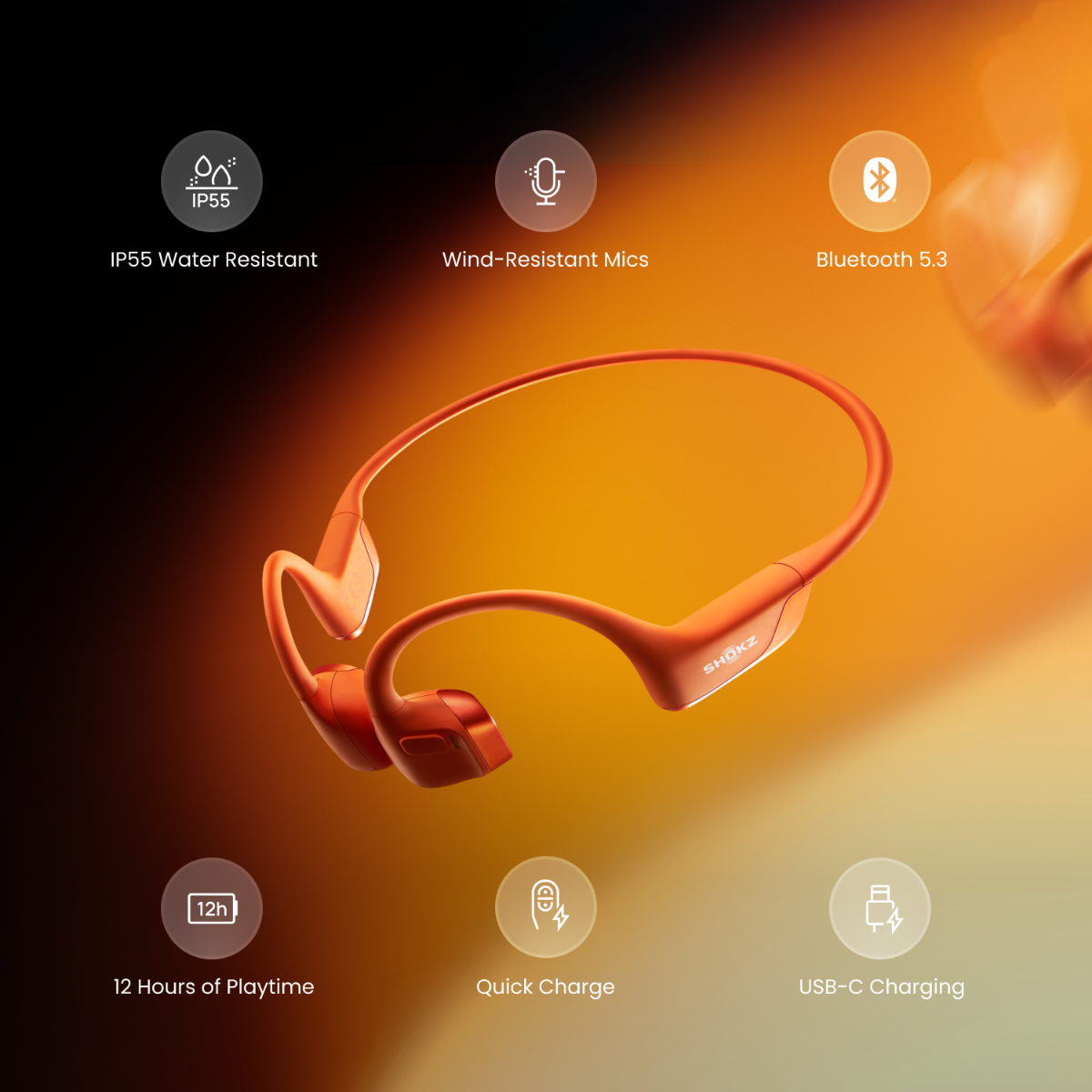 Orange bone conduction wireless earbuds floating over a dark-to-orange gradient background, with feature callouts including IP55 water resistance, wind-resistant mics, Bluetooth 5.3, 12 hours of playtime, quick charge, and USB-C charging.