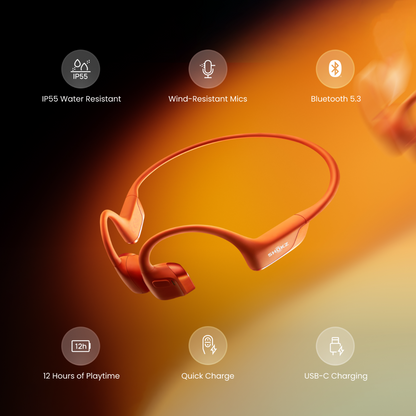 Orange bone conduction wireless earbuds floating over a dark-to-orange gradient background, with feature callouts including IP55 water resistance, wind-resistant mics, Bluetooth 5.3, 12 hours of playtime, quick charge, and USB-C charging.