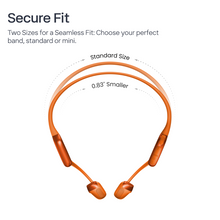 Orange neckband-style wireless earbuds shown on a white background with text reading 'Secure Fit' and a diagram comparing standard size to a 0.83" smaller size.