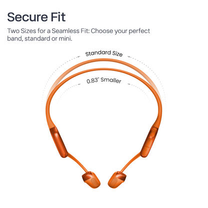 Orange neckband-style wireless earbuds shown on a white background with text reading 'Secure Fit' and a diagram comparing standard size to a 0.83" smaller size.