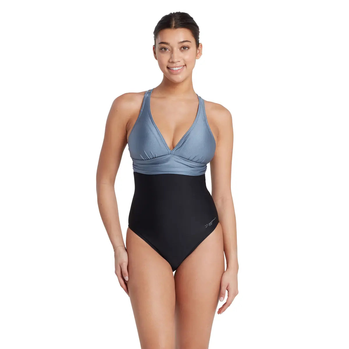 Zoggs Black-Metal Panel Crossback One Piece Swimsuit