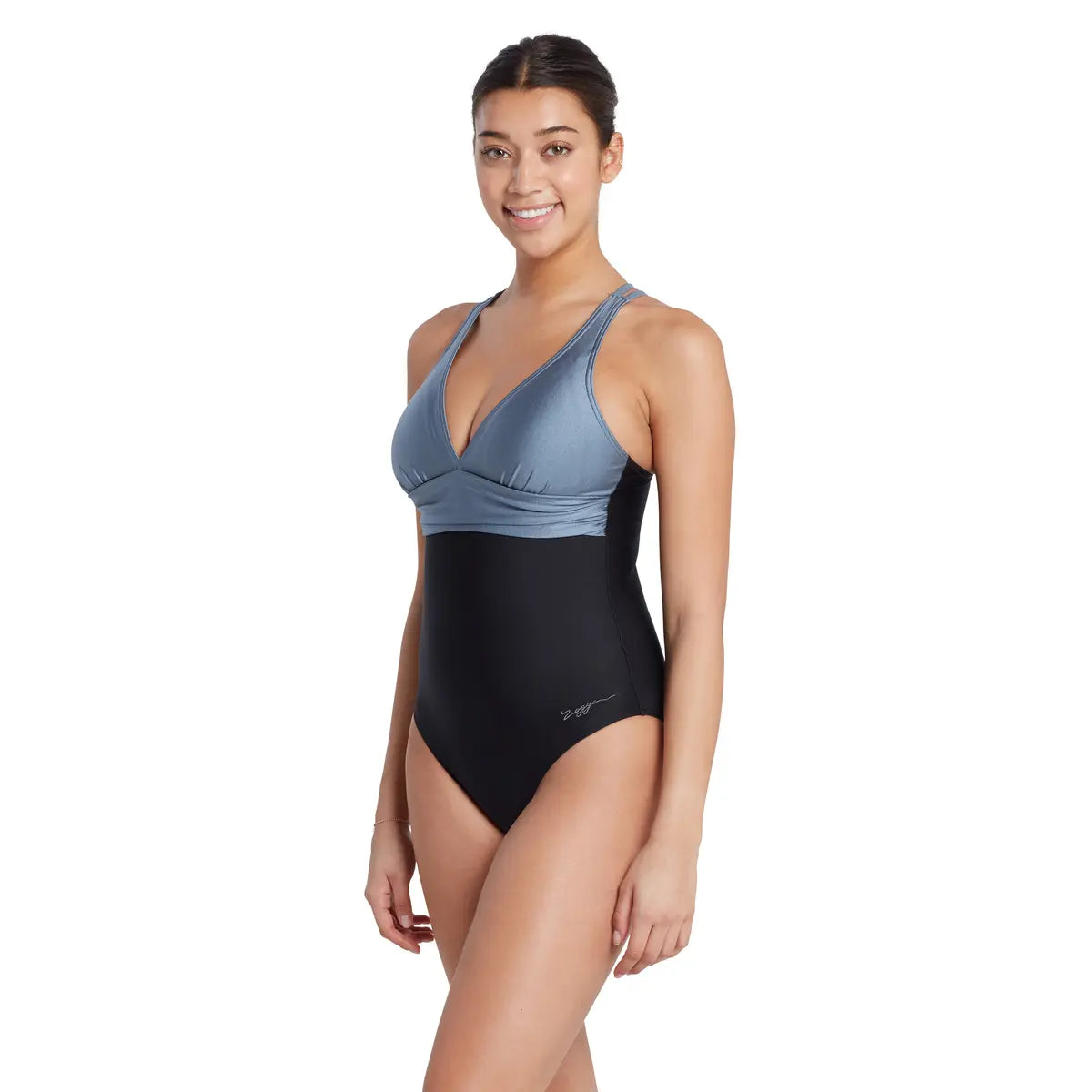 Zoggs Black-Metal Panel Crossback One Piece Swimsuit