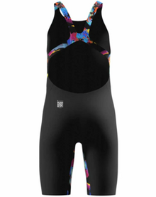 A black athletic one-piece swimsuit with a vibrant multicolor abstract pattern on the straps, underbust, and leg details, shown against a plain white background.