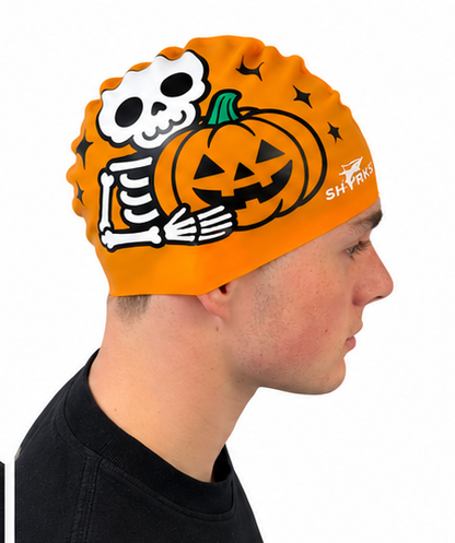 SHARKS - swimming cap - Halloween Hugs Skeleton and Pumpkin