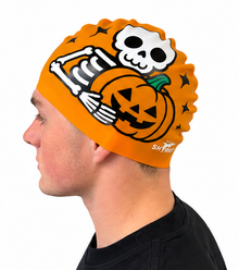 SHARKS - swimming cap - Halloween Hugs Skeleton and Pumpkin