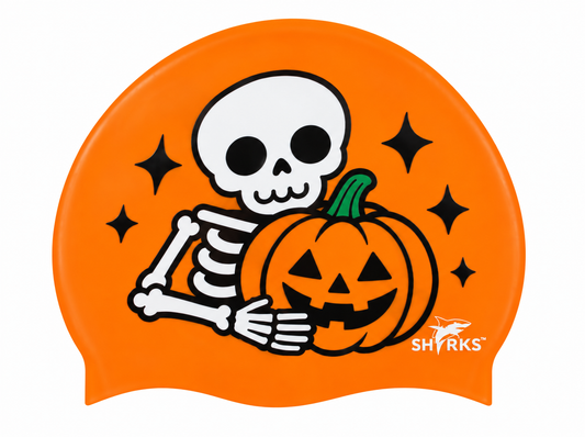 SHARKS - swimming cap - Halloween Hugs Skeleton and Pumpkin